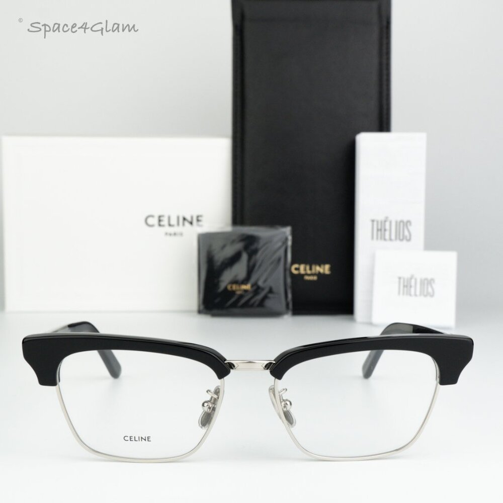 NEW Celine CL50026U 016 Shiny Palladium Black Demo Unisex Square Eyeglasses